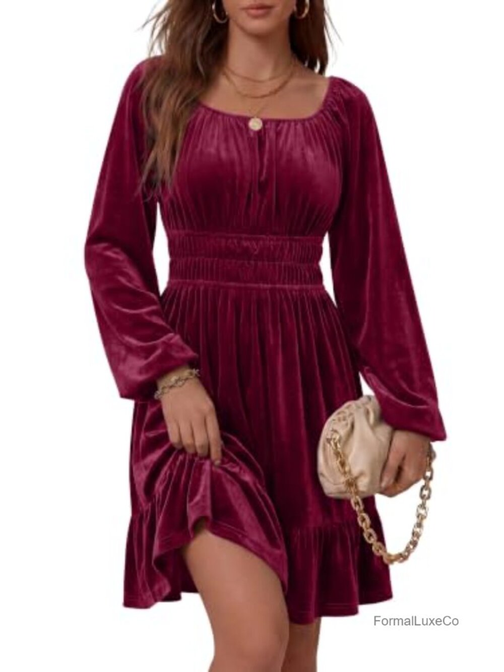 Women's Long Lantern Sleeve Square Neck Velvet Mini Dress A-Line Smocked Formal